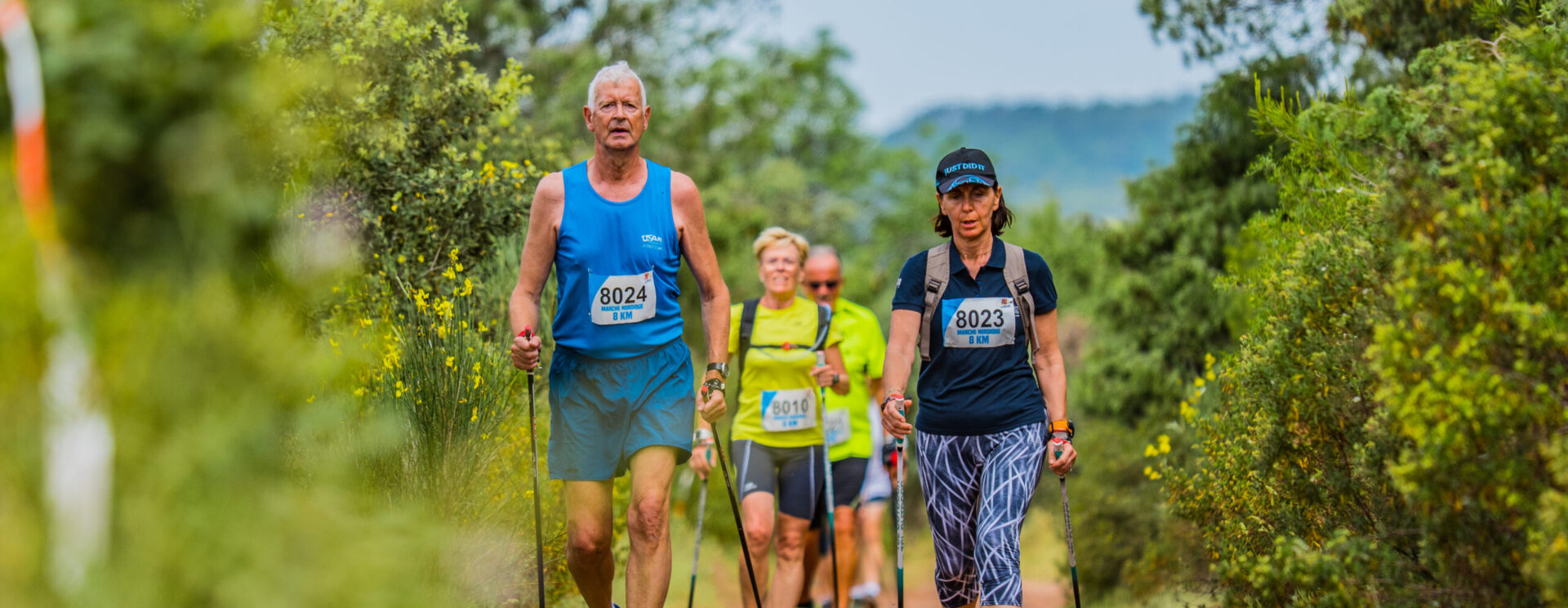 un groupe de personnes marchent avec des bâtons de marche nordique sur un sentier de terre arboré